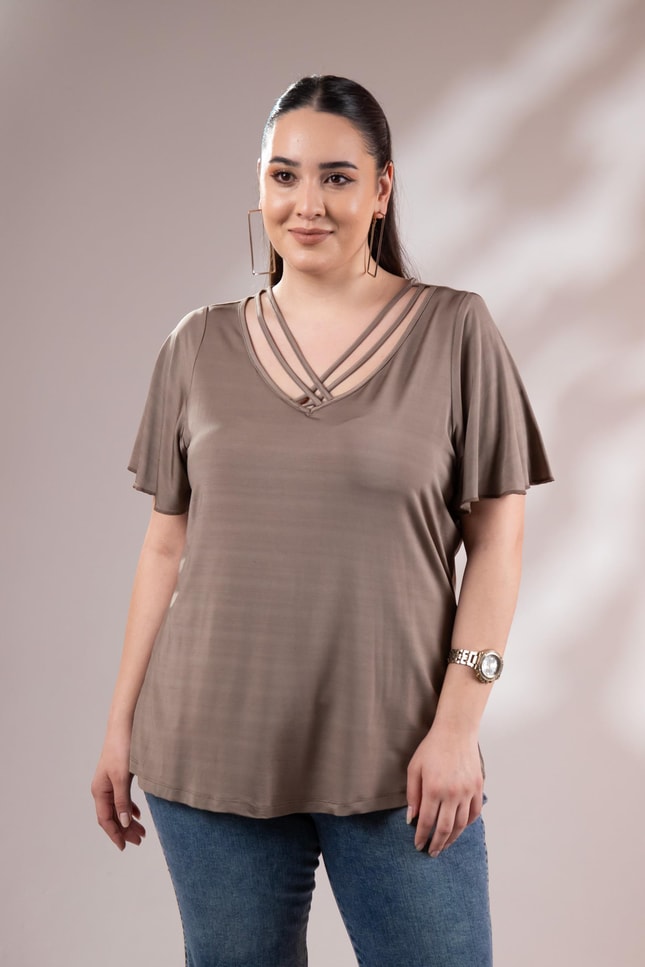 Büyük Beden 3330376 V Yaka Biyeli Bluz  Kahverengi
