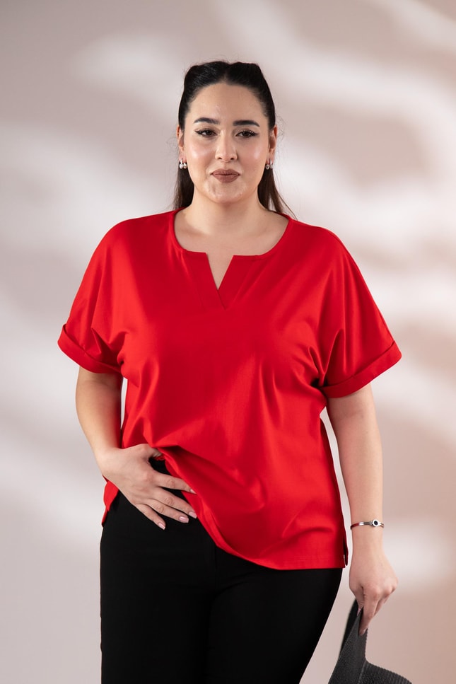 Büyük Beden 3330379 V Yaka Bluz Kırmızı