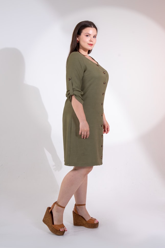 Büyük Beden 3330447 Önü Düğmeli Elbise Haki