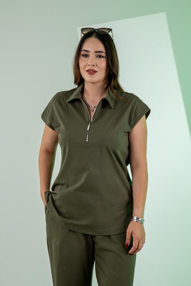 Büyük Beden 3330474 Fermuar Detaylı 2'li Takım Haki