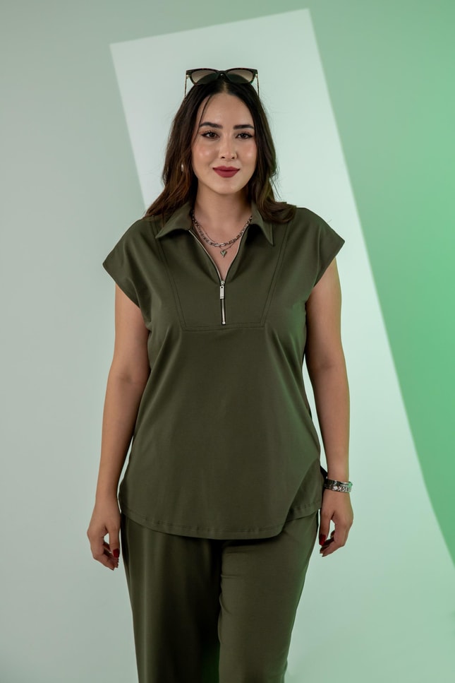 Büyük Beden 3330474 Fermuar Detaylı 2'li Takım Haki