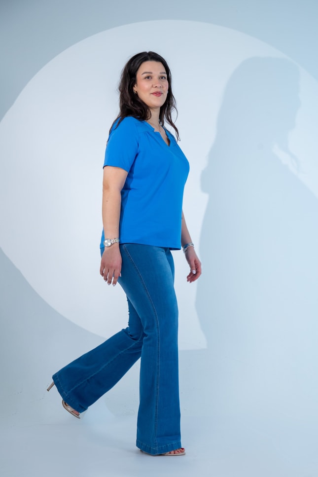 Büyük Beden 3330613 Yaka -Omuz Detaylı Bluz Mavi