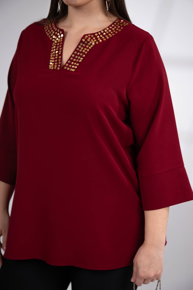 Büyük Beden 3330665 Yaka Pul İşlemeli Bluz  Bordo