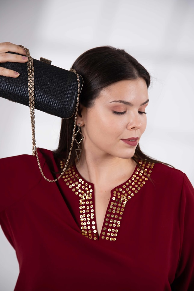 Büyük Beden 3330665 Yaka Pul İşlemeli Bluz  Bordo