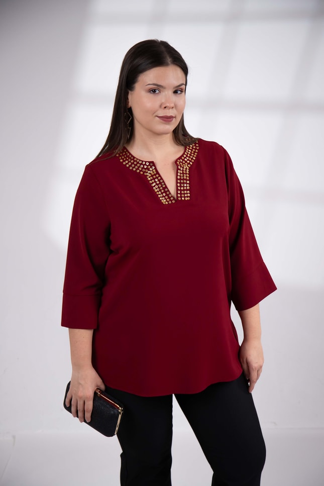 Büyük Beden 3330665 Yaka Pul İşlemeli Bluz  Bordo
