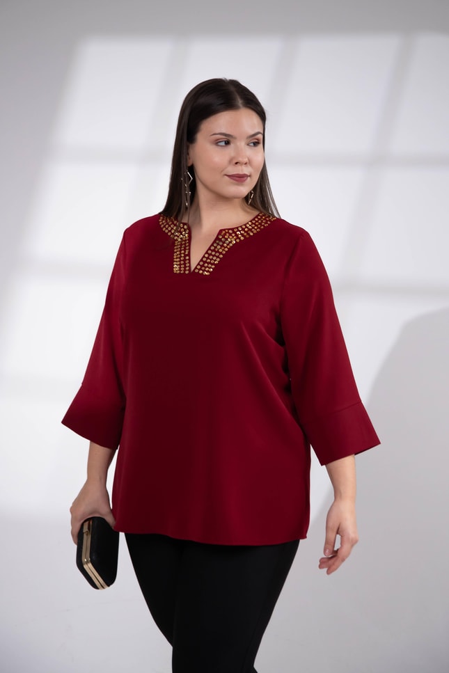 Büyük Beden 3330665 Yaka Pul İşlemeli Bluz  Bordo