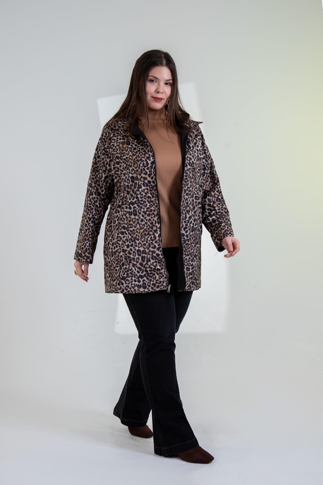 Büyük Beden 3330742 Çift Taraflı Leoparlı Mont Siyah