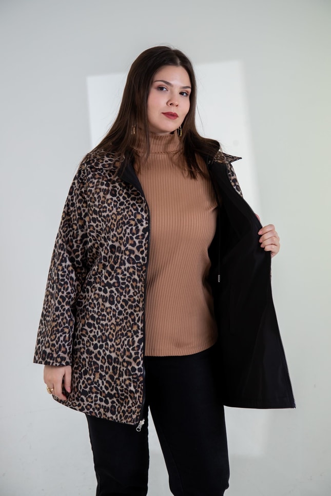 Büyük Beden 3330742 Çift Taraflı Leoparlı Mont Siyah