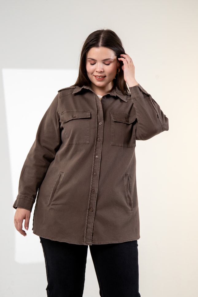 Büyük Beden 3330775 Gabardin Cep Detaylı Gömlek Kahverengi