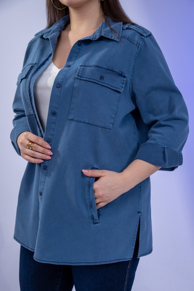 Büyük Beden 3330775 Gabardin Cep Detaylı Gömlek Lacivert