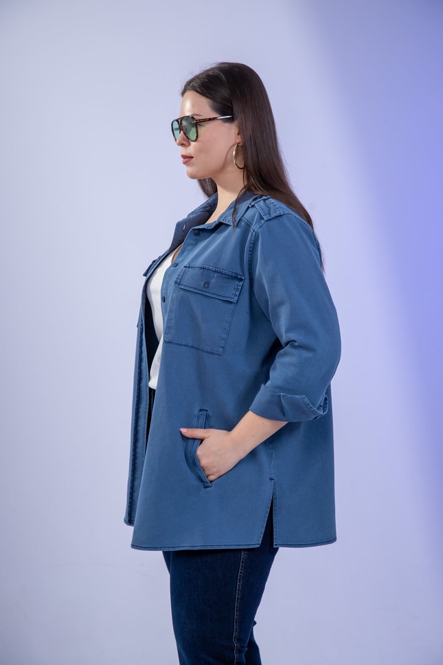 Büyük Beden 3330775 Gabardin Cep Detaylı Gömlek Lacivert