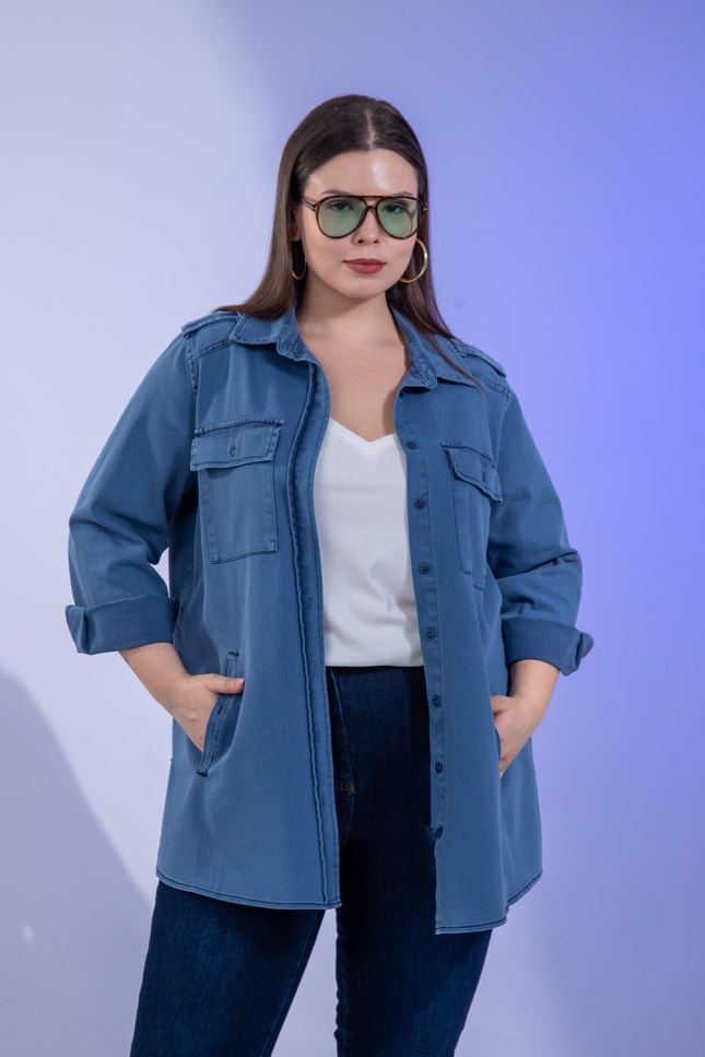 Büyük Beden 3330775 Gabardin Cep Detaylı Gömlek Lacivert