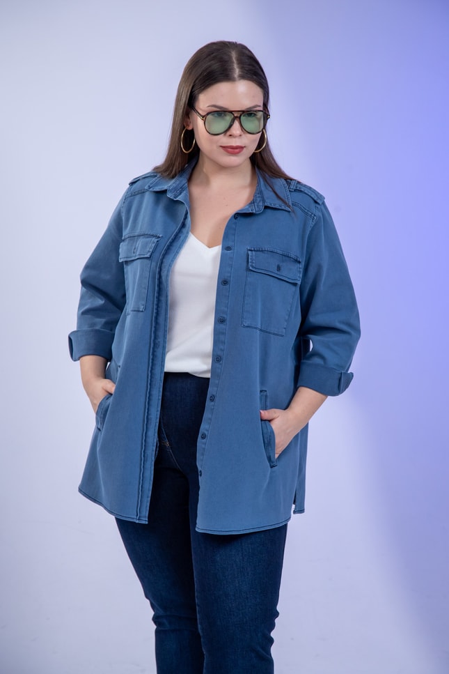 Büyük Beden 3330775 Gabardin Cep Detaylı Gömlek Lacivert