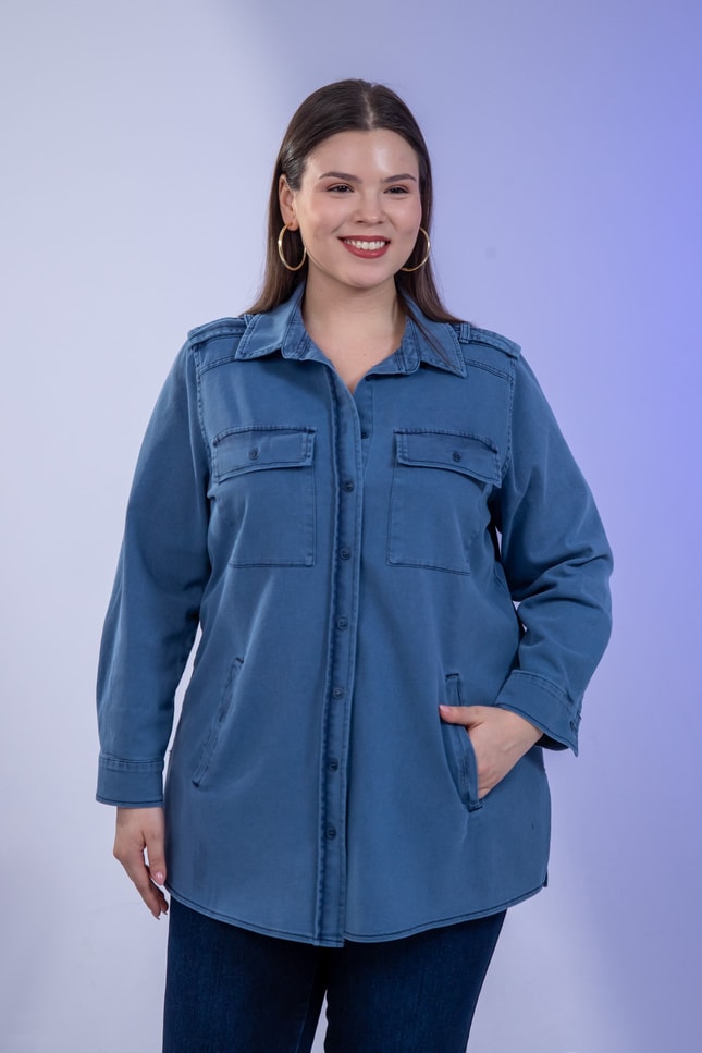Büyük Beden 3330775 Gabardin Cep Detaylı Gömlek Lacivert