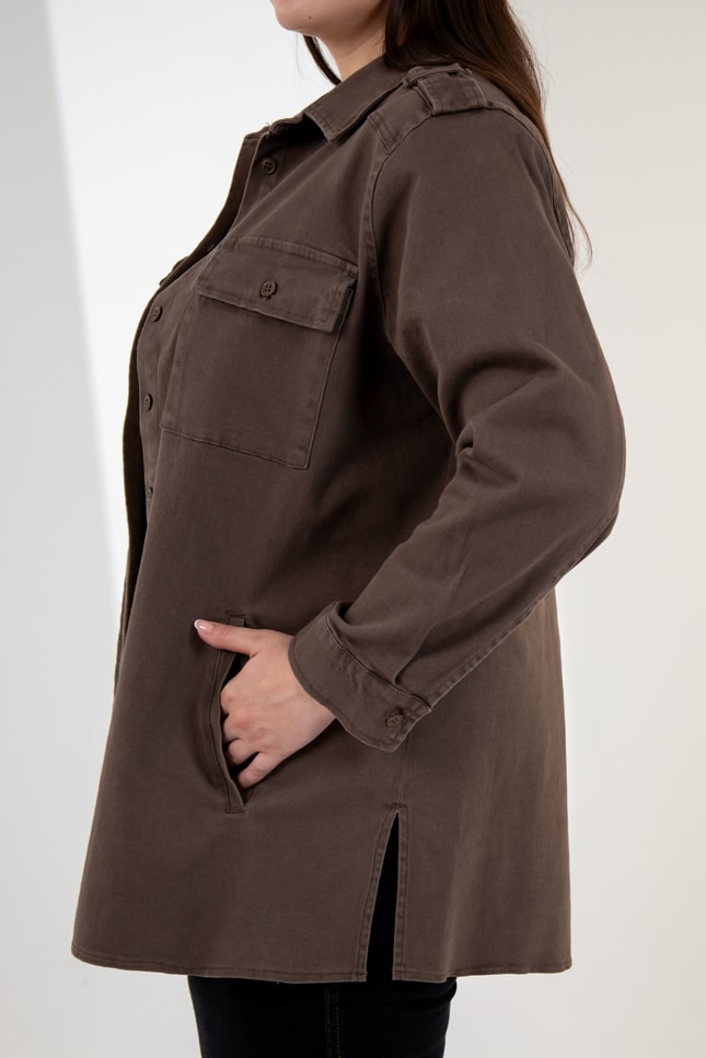 Büyük Beden 3330775 Gabardin Cep Detaylı Gömlek Kahverengi