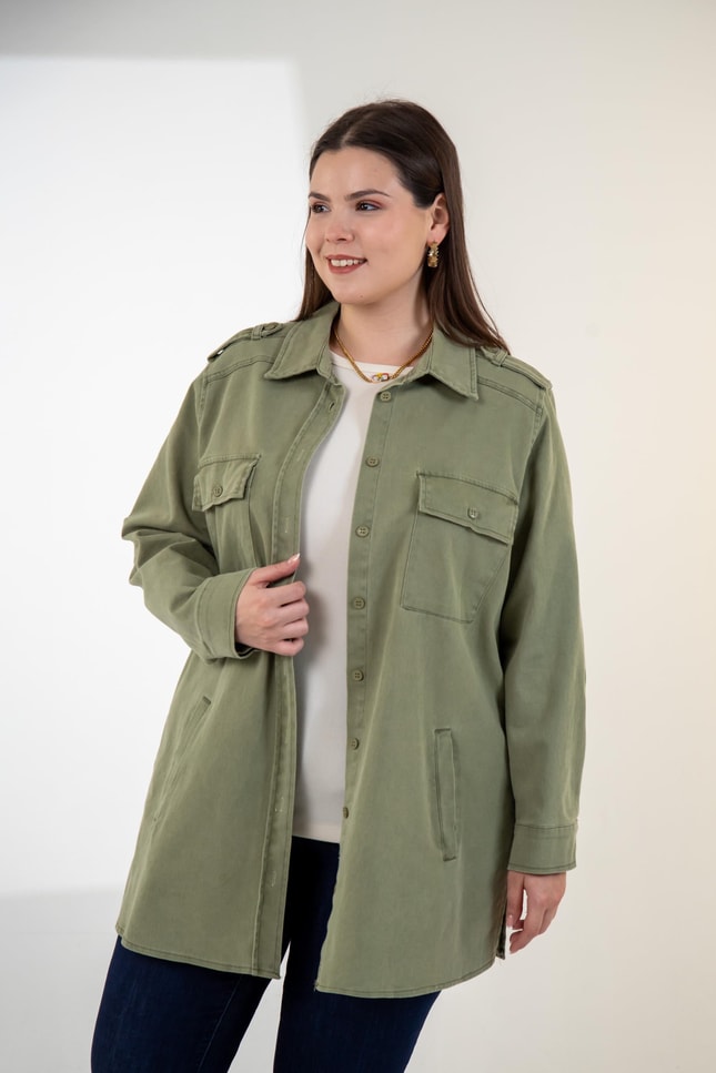 Büyük Beden 3330775 Gabardin Cep Detaylı Gömlek Haki