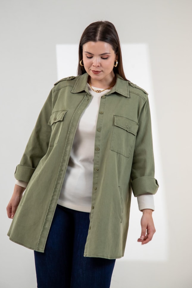 Büyük Beden 3330775 Gabardin Cep Detaylı Gömlek Haki
