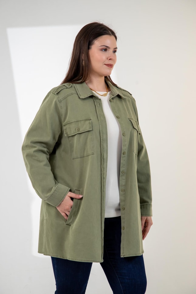 Büyük Beden 3330775 Gabardin Cep Detaylı Gömlek Haki