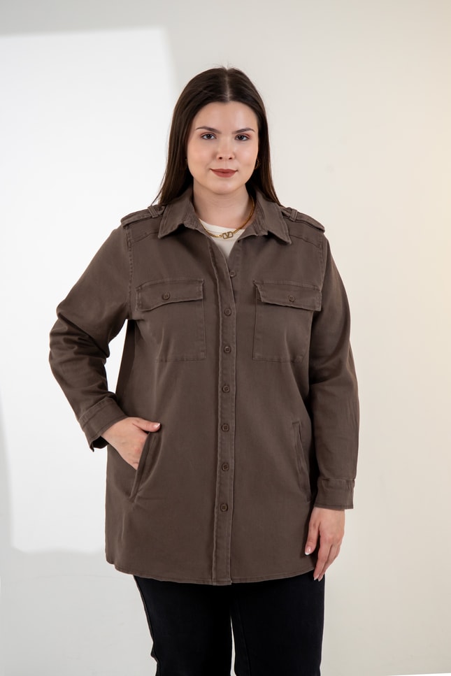 Büyük Beden 3330775 Gabardin Cep Detaylı Gömlek Kahverengi
