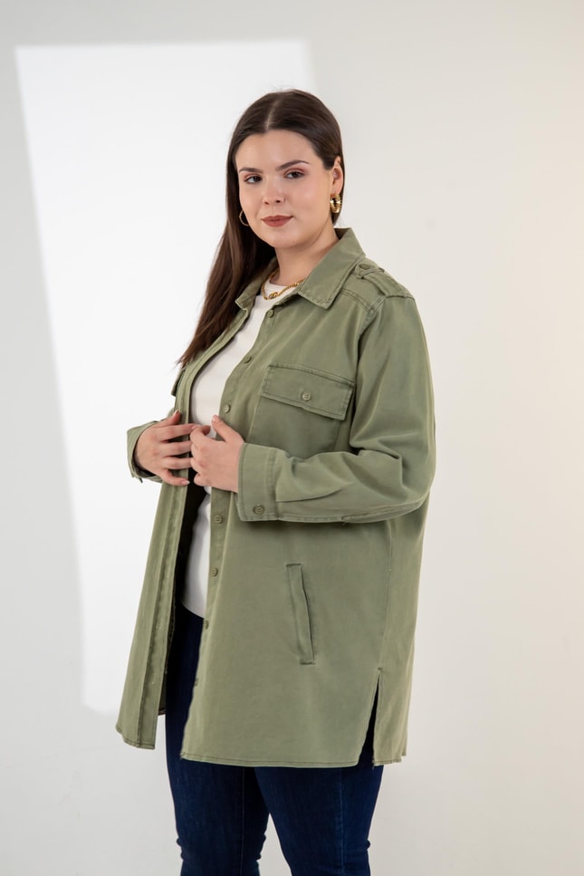 Büyük Beden 3330775 Gabardin Cep Detaylı Gömlek Haki