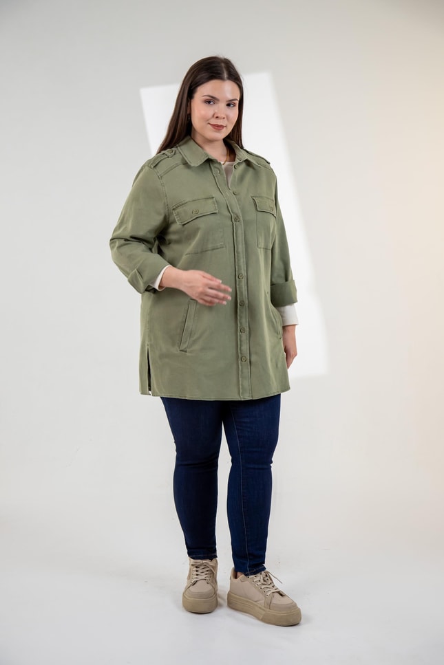 Büyük Beden 3330775 Gabardin Cep Detaylı Gömlek Haki