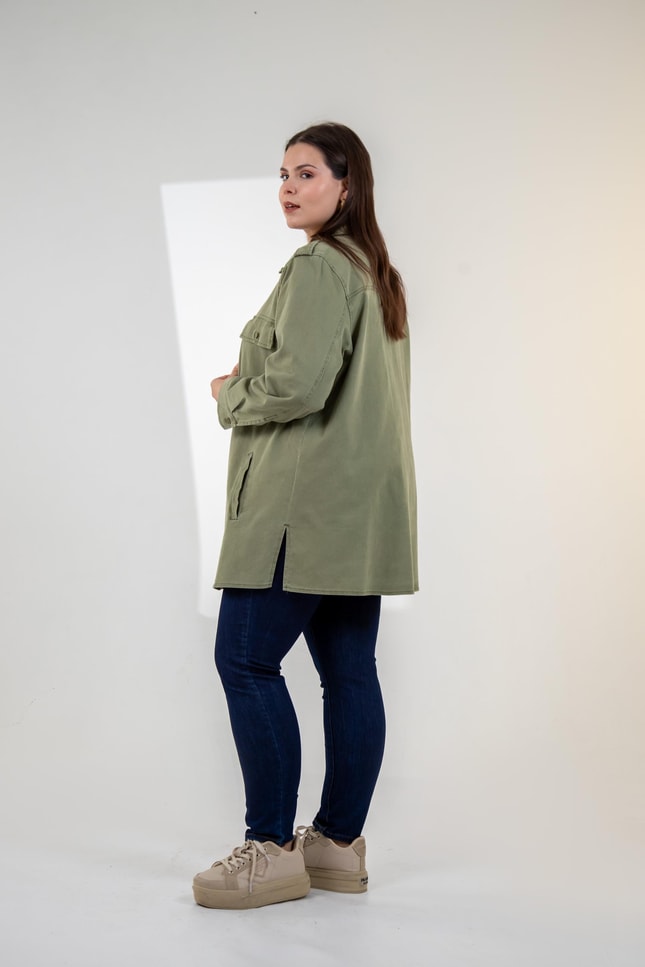 Büyük Beden 3330775 Gabardin Cep Detaylı Gömlek Haki