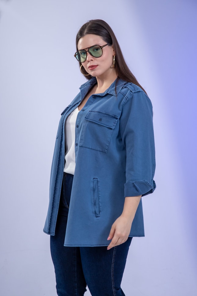 Büyük Beden 3330775 Gabardin Cep Detaylı Gömlek Lacivert