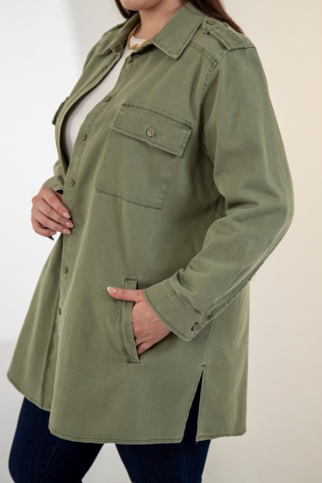 Büyük Beden 3330775 Gabardin Cep Detaylı Gömlek Haki