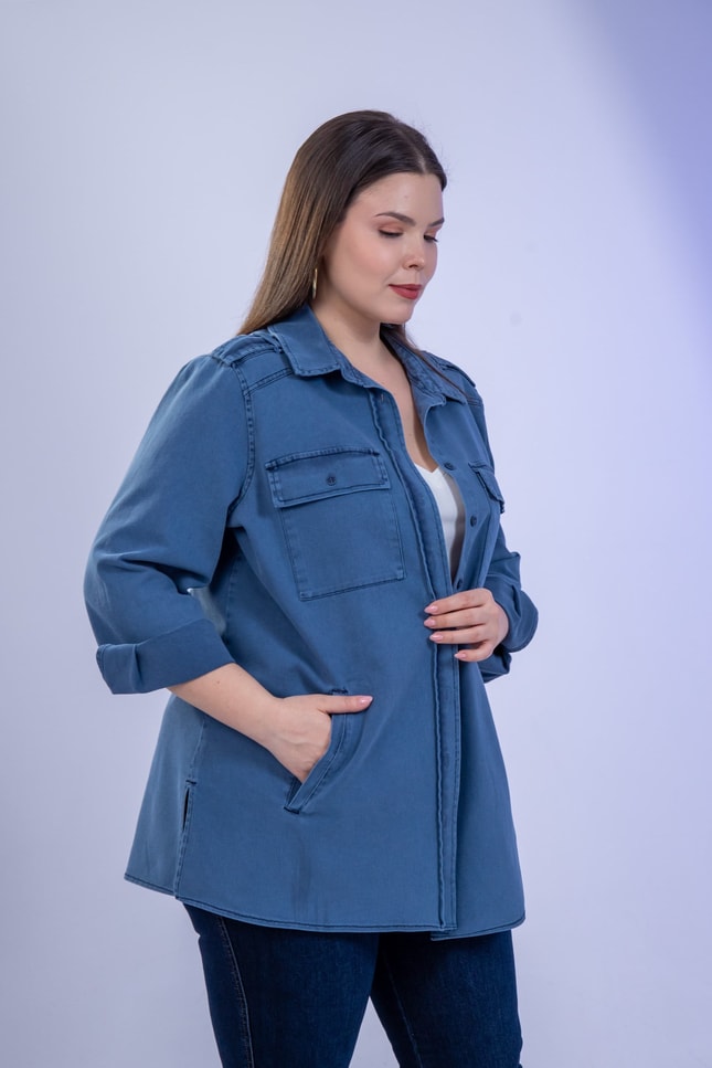 Büyük Beden 3330775 Gabardin Cep Detaylı Gömlek Lacivert