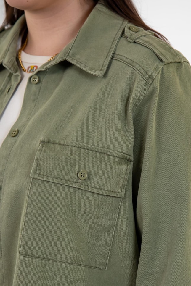 Büyük Beden 3330775 Gabardin Cep Detaylı Gömlek Haki