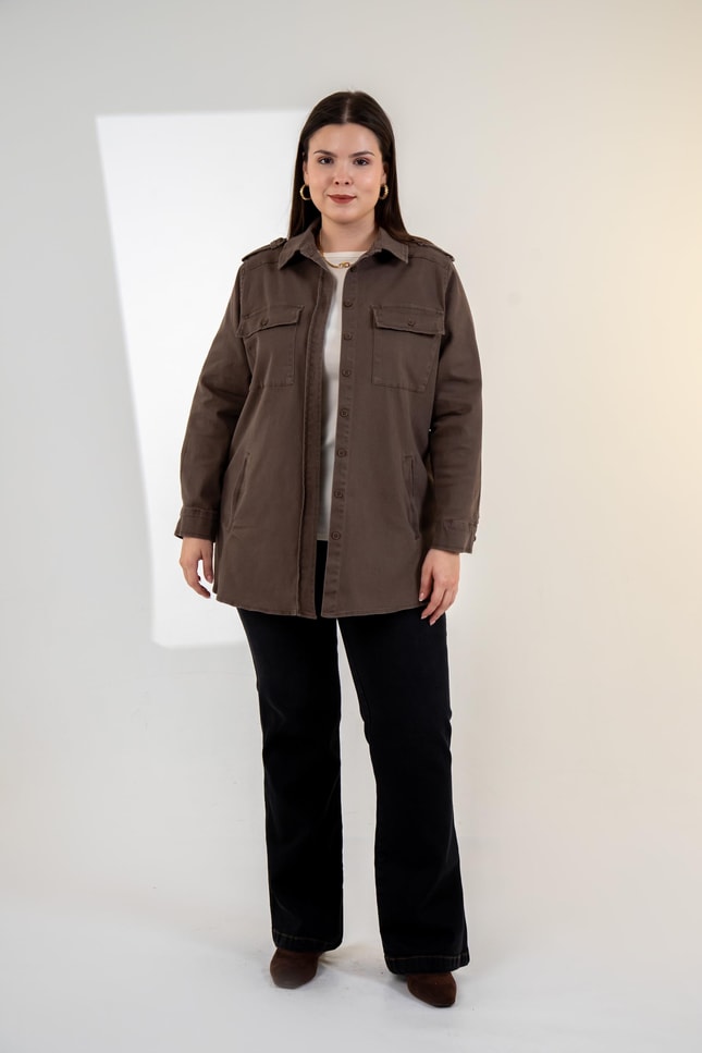 Büyük Beden 3330775 Gabardin Cep Detaylı Gömlek Kahverengi