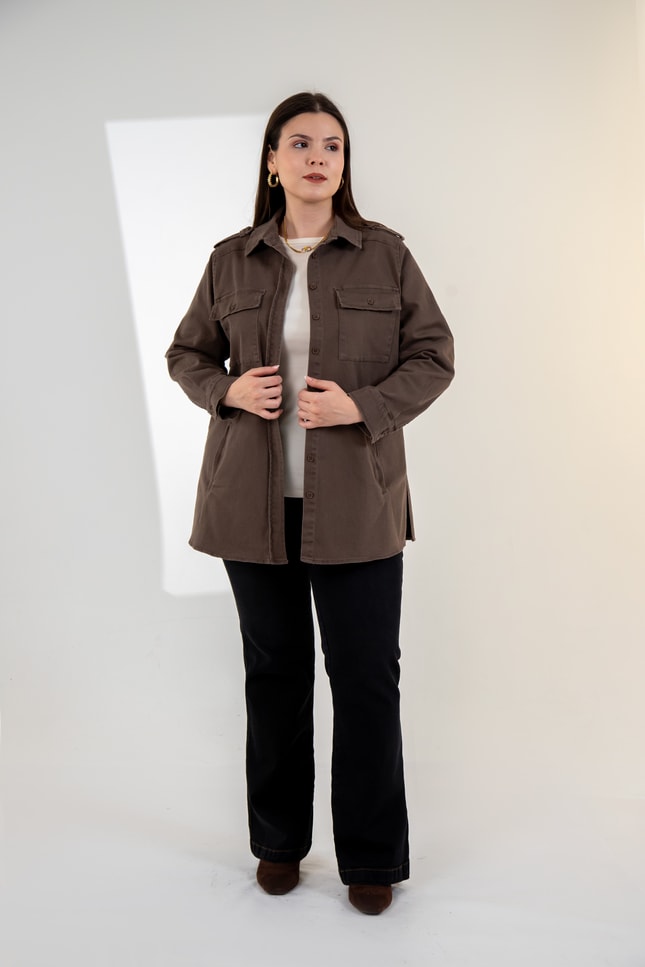 Büyük Beden 3330775 Gabardin Cep Detaylı Gömlek Kahverengi