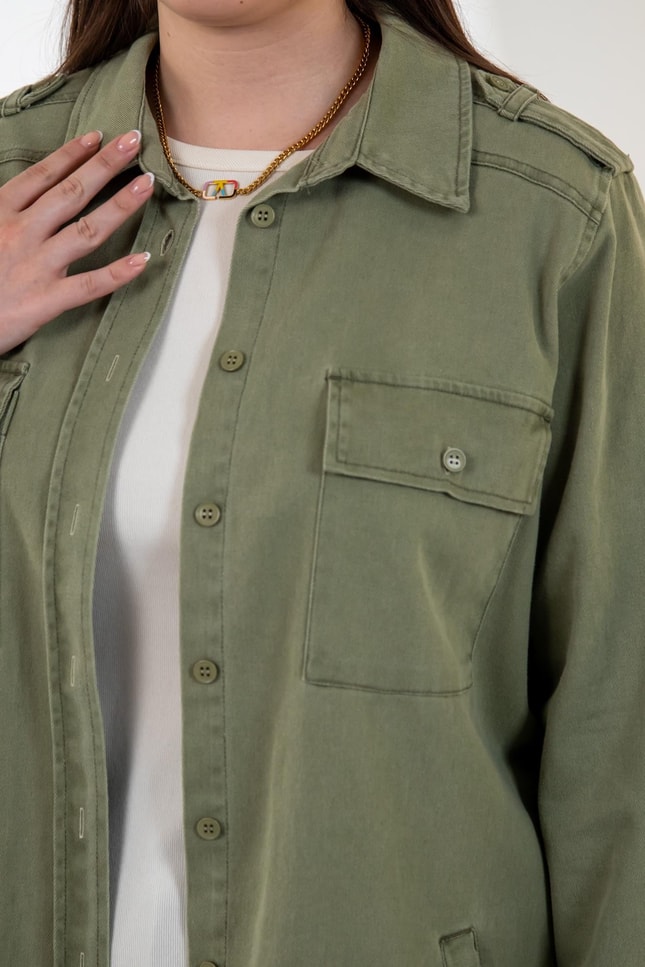 Büyük Beden 3330775 Gabardin Cep Detaylı Gömlek Haki