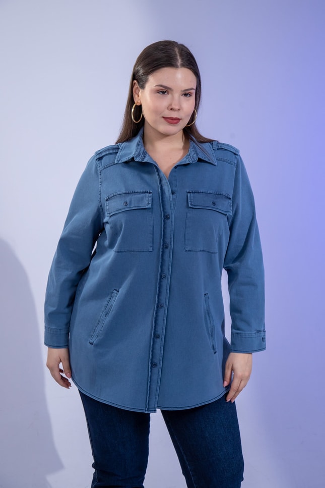 Büyük Beden 3330775 Gabardin Cep Detaylı Gömlek Lacivert