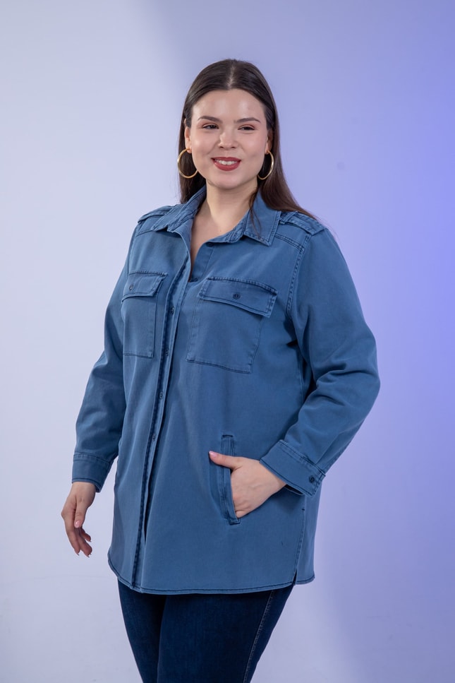 Büyük Beden 3330775 Gabardin Cep Detaylı Gömlek Lacivert