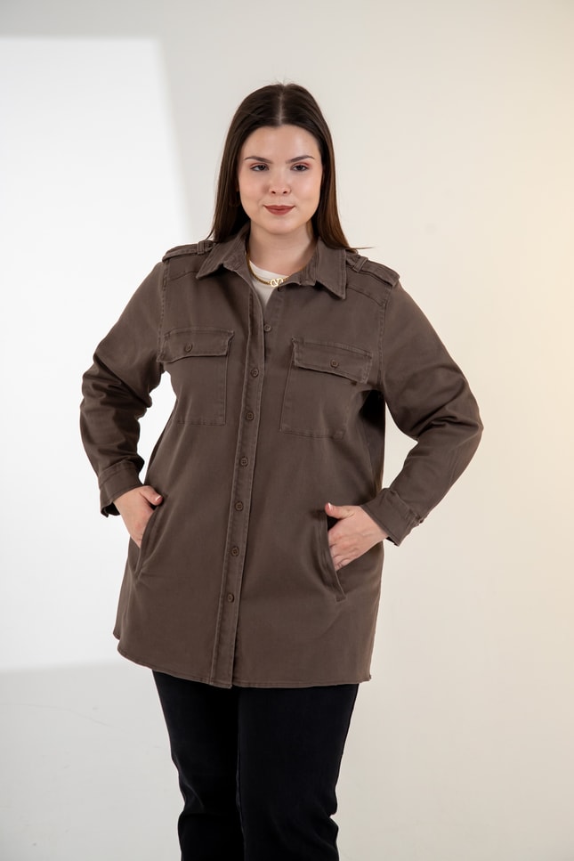 Büyük Beden 3330775 Gabardin Cep Detaylı Gömlek Kahverengi