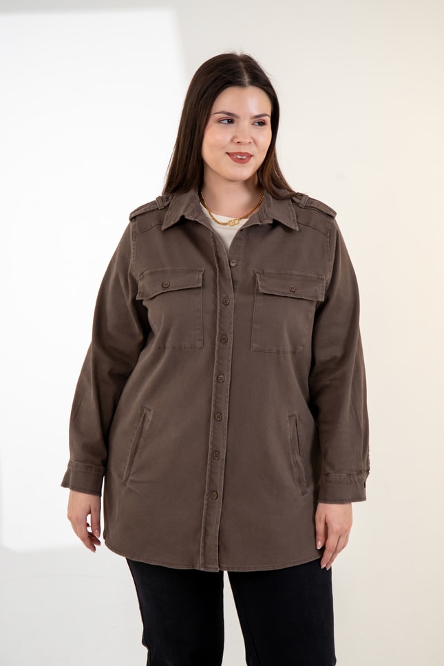 Büyük Beden 3330775 Gabardin Cep Detaylı Gömlek Kahverengi