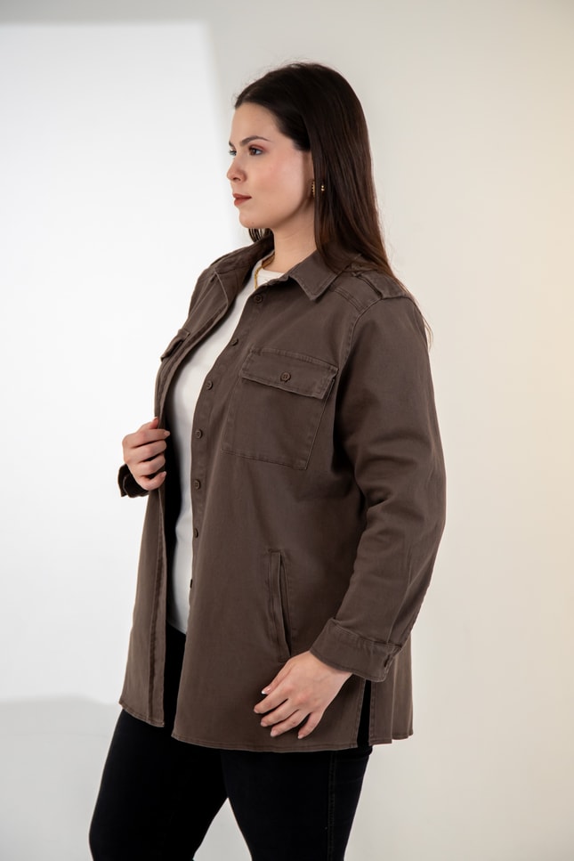 Büyük Beden 3330775 Gabardin Cep Detaylı Gömlek Kahverengi