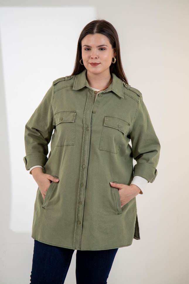 Büyük Beden 3330775 Gabardin Cep Detaylı Gömlek Haki