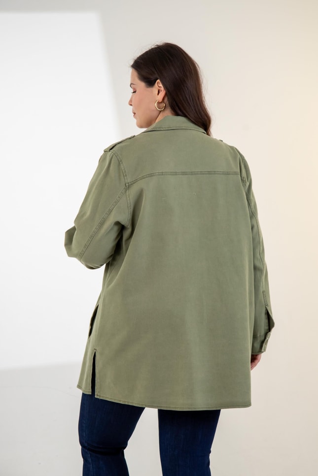 Büyük Beden 3330775 Gabardin Cep Detaylı Gömlek Haki
