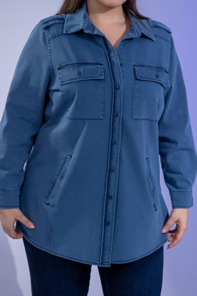 Büyük Beden 3330775 Gabardin Cep Detaylı Gömlek Lacivert