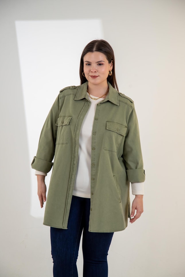 Büyük Beden 3330775 Gabardin Cep Detaylı Gömlek Haki