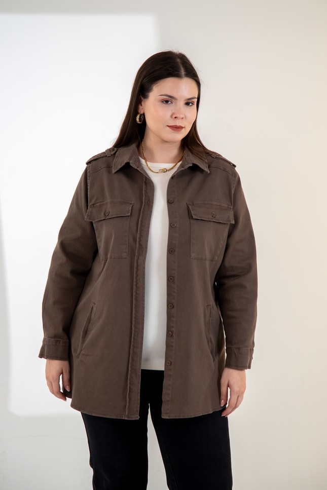 Büyük Beden 3330775 Gabardin Cep Detaylı Gömlek Kahverengi