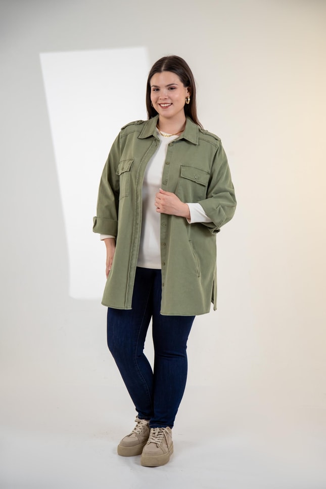Büyük Beden 3330775 Gabardin Cep Detaylı Gömlek Haki