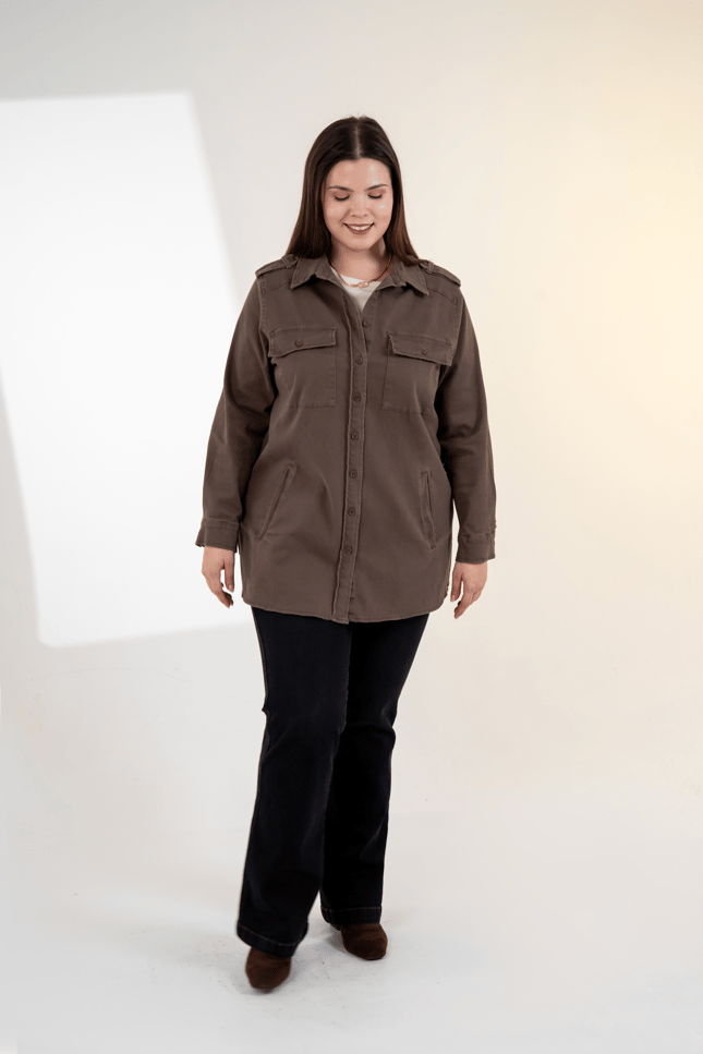 Büyük Beden 3330775 Gabardin Cep Detaylı Gömlek Kahverengi