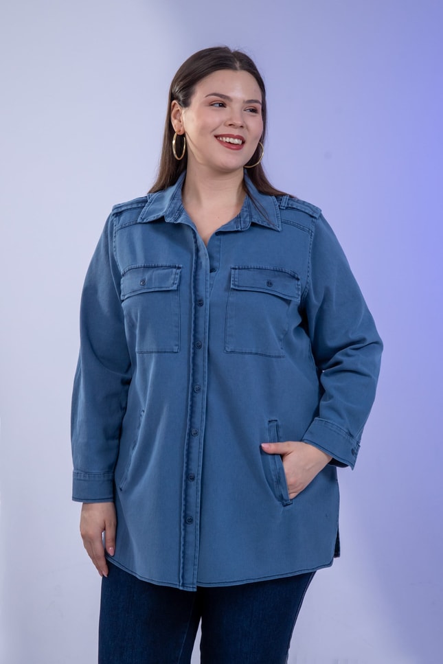 Büyük Beden 3330775 Gabardin Cep Detaylı Gömlek Lacivert