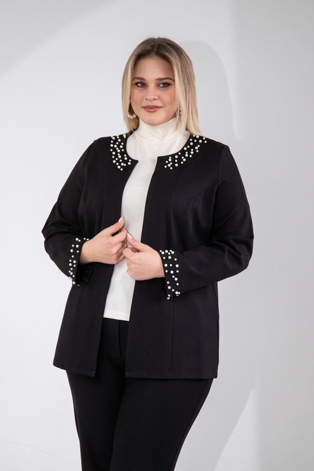 Büyük Beden 3330788 İnci Taş Detaylı Hırka  Siyah