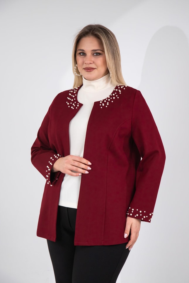 Büyük Beden 3330788 İnci Taş Detaylı Hırka  Bordo