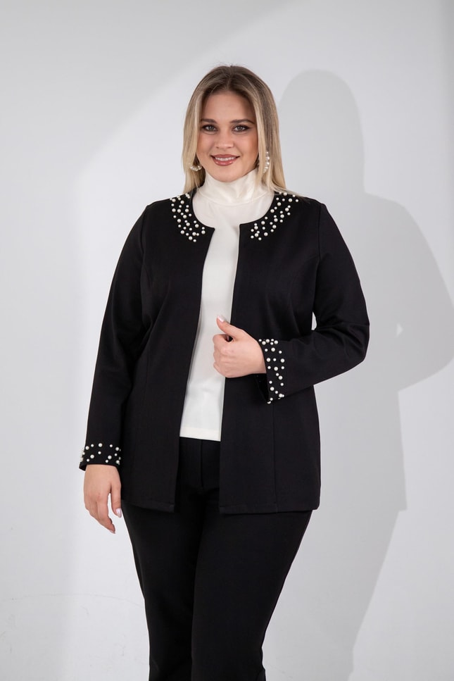 Büyük Beden 3330788 İnci Taş Detaylı Hırka  Siyah