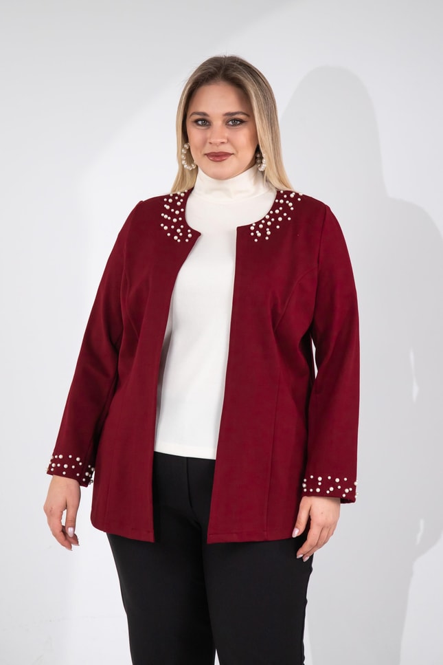 Büyük Beden 3330788 İnci Taş Detaylı Hırka  Bordo